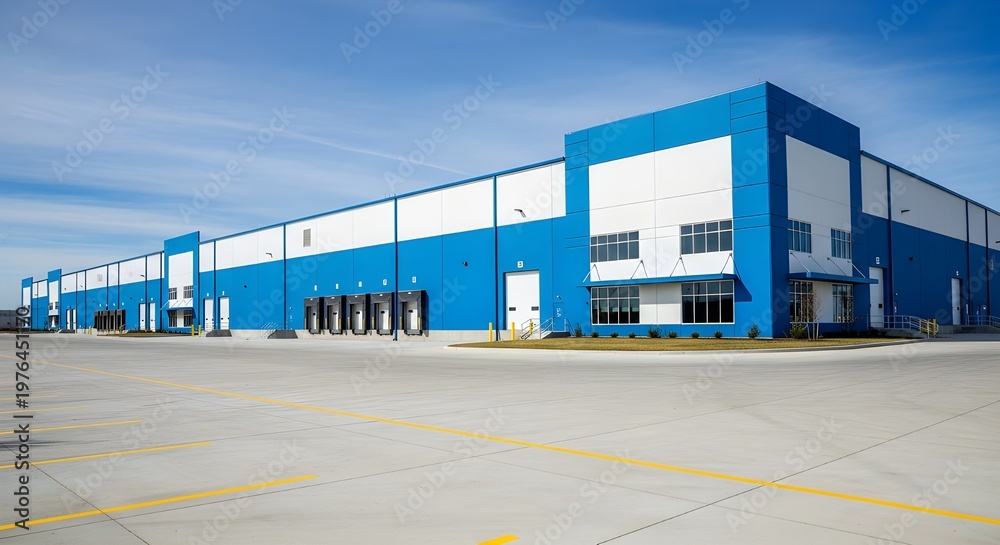 Obraz premium Modern blue industrial warehouse building with clear sky exterior commercial architecture