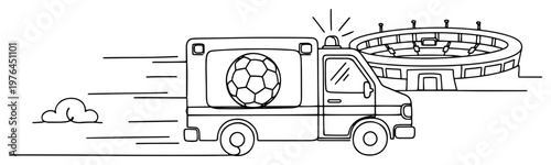 One line art of a fast moving ambulance driving away from a football stadium arena