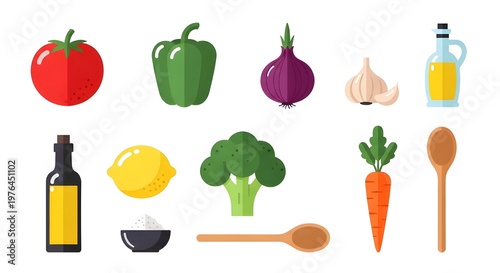 Fresh organic vegetables and cooking ingredients flat lay on white background for healthy diet