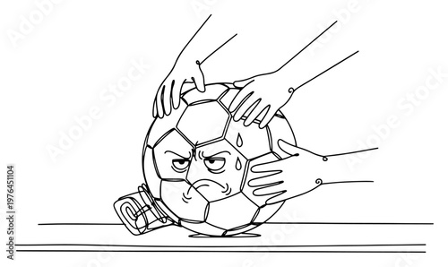 Grumpy soccer ball character being examined by multiple hands in continuous line art style