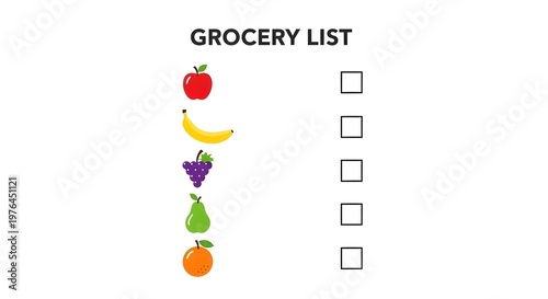 flat lay grocery shopping list with fresh fruits and checklist for meal planning