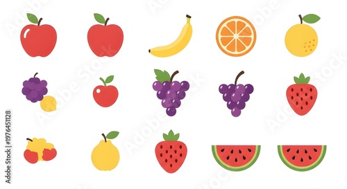 Flat lay assortment of fresh colorful fruits on white background for healthy eating concept