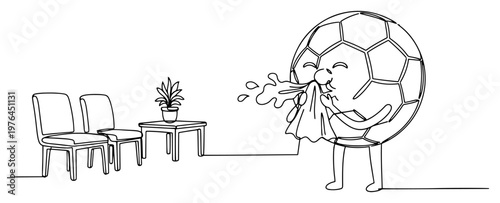 Sick soccer ball character sneezing into a handkerchief in a medical waiting room