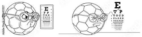 Soccer ball characters wearing glasses for an eye exam at the ophthalmologist office