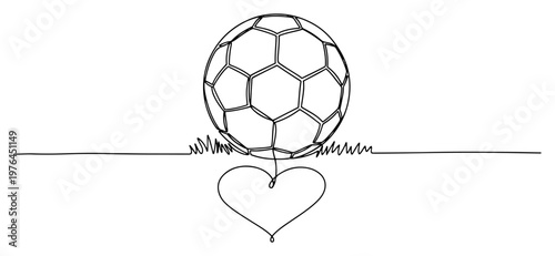Minimalist continuous line drawing of a soccer ball on grass with a heart symbol