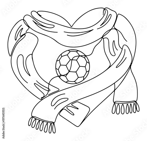 Soccer ball wrapped in a cozy winter scarf shaped like a heart in line art