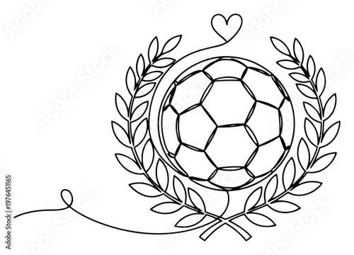 Soccer ball within a laurel wreath and a heart symbol in continuous line art style