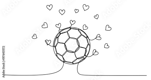 Cute soccer ball character surrounded by floating hearts in a minimalist line art drawing