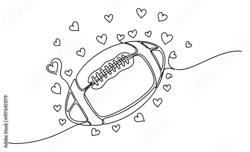 Minimalist illustration of an American football ball surrounded by hearts in single line style