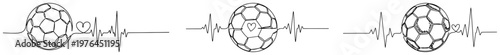 Continuous line art of soccer balls connected by a medical heart rate pulse line