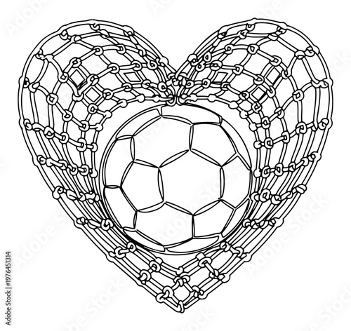Soccer ball placed inside a heart shaped net representing love for football