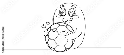 Cute cartoon character hugging a soccer ball expressing love for the sport