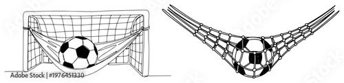 Soccer ball resting in a goal net hammock in simple black and white line art