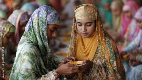 Sharing a meal, a moment of connection in traditional attire.