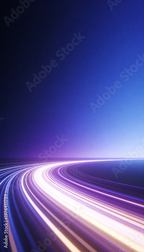 Abstract glowing light trails curving into the distance on a dark blue background