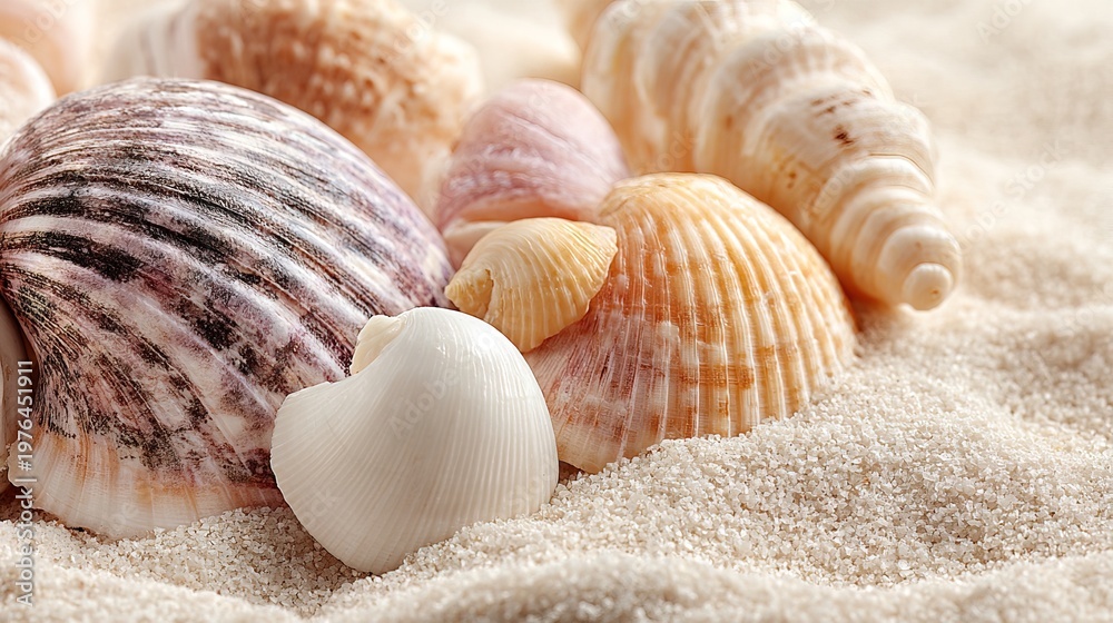 Fototapeta premium A display of different seashells rests on soft sand. These seashells have various shapes and colors. They are found along the shore after waves wash them ashore