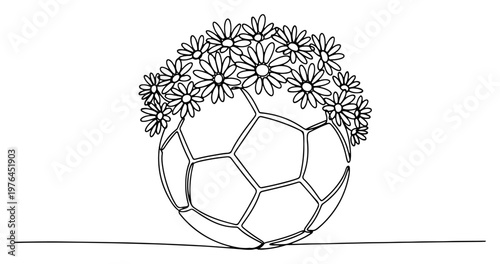Minimalist continuous line drawing of a soccer ball wearing a beautiful flower crown of daisies