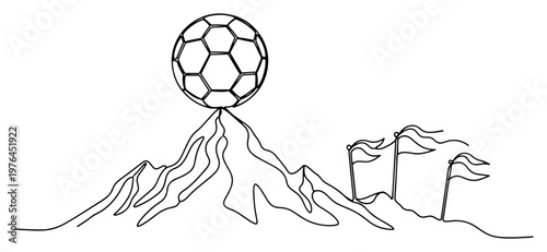 Continuous line drawing of a soccer ball placed on the top of a mountain peak with flags