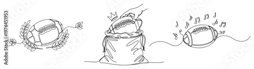 Continuous line drawing set of american football balls with laurel wreath crown and music notes