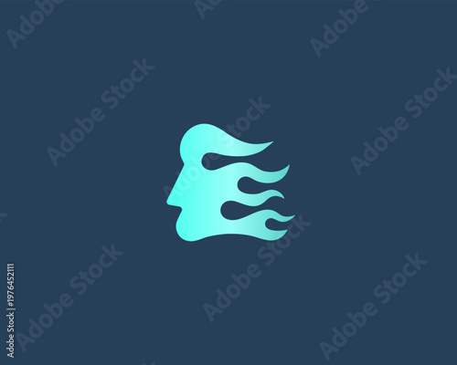 Abstract profile face and fire flames logo. Sleek dynamic vector logotype for tech startups, gaming and innovation
