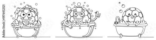 Cartoon soccer ball character enjoying a bubble bath in a tub in continuous line style