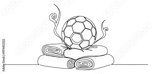 Continuous line illustration of a soccer ball resting on a stack of towels