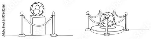 Soccer ball displayed on a pedestal with rope barriers in continuous line drawing style