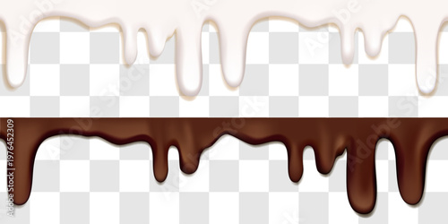 Milky white sauce dripping, melted chocolate, ice cream liquid flow. 3D yogurt realistic texture, splash vector bg. Wavy syrup frame in pancake or cheesecake. Isolated sweet icing, cocoa fluid slime