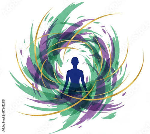 Abstract representation of a person meditating within a swirling vortex of green, purple, and gold energy, symbolizing inner peace and spiritual connection