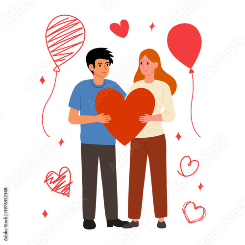 Love-themed holiday card. Couple in love holding large heart. Flat vector illustration for greetings and romantic invitations.