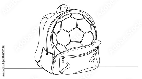 Continuous line drawing of a soccer ball inside a school backpack for training
