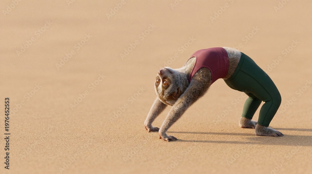 Fototapeta premium Sloth in yoga clothes doing bridge pose on sand with copy space