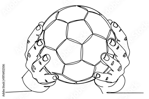 Continuous line drawing of two hands firmly holding a soccer ball in front view