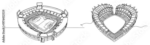 Set of line art drawings featuring a professional sports stadium and a heart shaped arena