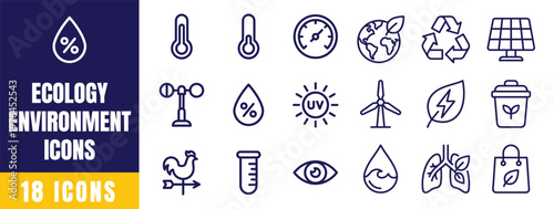 Ecology Environment Icons Set — Recycling, Green Energy, Water Drop, Wind Turbine, Solar, Leaf Vector Pack