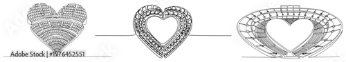 Collection of heart shaped stadium and audience stand designs in minimalist line art style