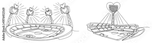 Line art illustration of a soccer stadium with heart shaped floodlights and decorative elements