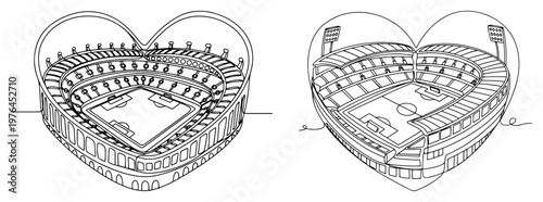 Detailed line art illustration of a professional soccer stadium in the shape of a heart