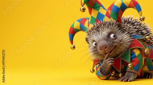 Funny hedgehog wearing colorful jester costume and hat on yellow background