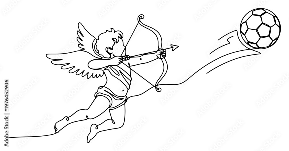 Obraz premium Continuous line drawing of cupid aiming at a soccer ball flying through the air