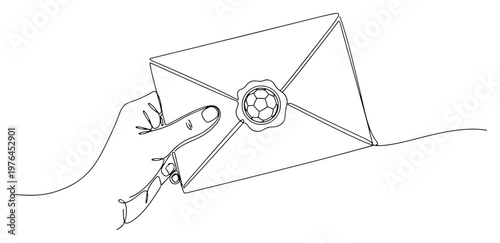 Hand holding an envelope with a soccer ball wax seal in continuous line art