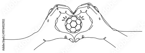 Two hands forming a heart shape around a soccer ball in line art