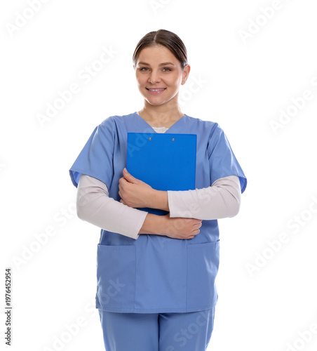 Portrait of smiling medical worker in blue uniform with clipboard on white background