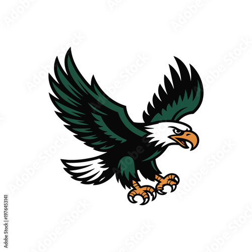 A dynamic vector illustration of an eagle in mid-flight with outstretched wings and sharp talons