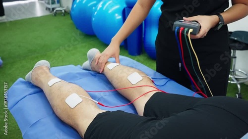 Physical therapist using electrical stimulation on patient's legs