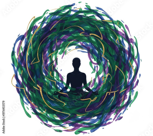 Meditating figure surrounded by swirling green and purple energy, representing inner peace and harmony