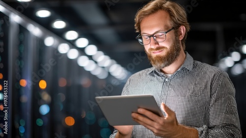 Man uses tablet in modern office at night with city lights shining through windows