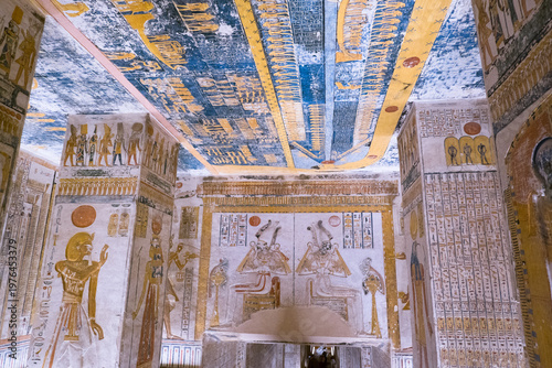 Tomb of Ramses V and Ramses VI, KV9 in the Valley of the Kings. Detail of Egyptian hieroglyphs. Luxor, Egypt
