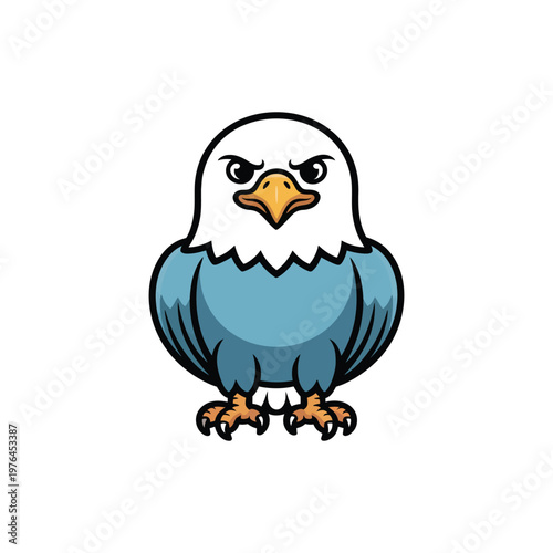 An adorable cartoon eagle with a blue body, white head, and orange beak and feet