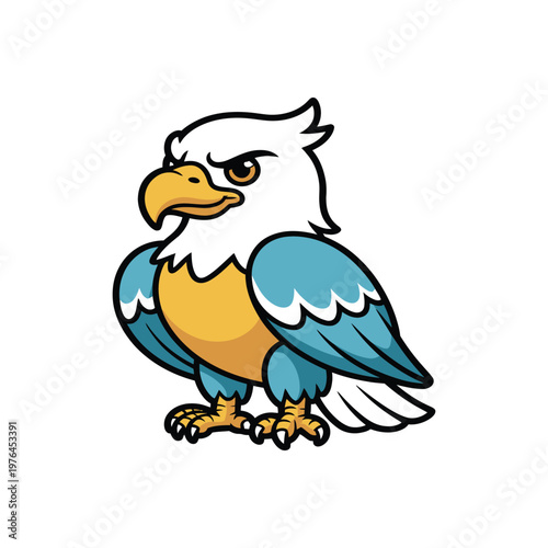 A colorful illustration of a cartoon blue and white eagle standing with wings slightly spread